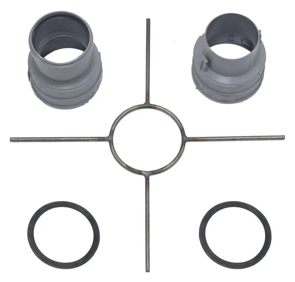 Set mit mehreren Komponenten für Abgasleitungen, bestehend aus zwei grauen Kunststoffelementen, einem Metallring und zwei Gummidichtungen, geeignet für Vaillant-Systeme.